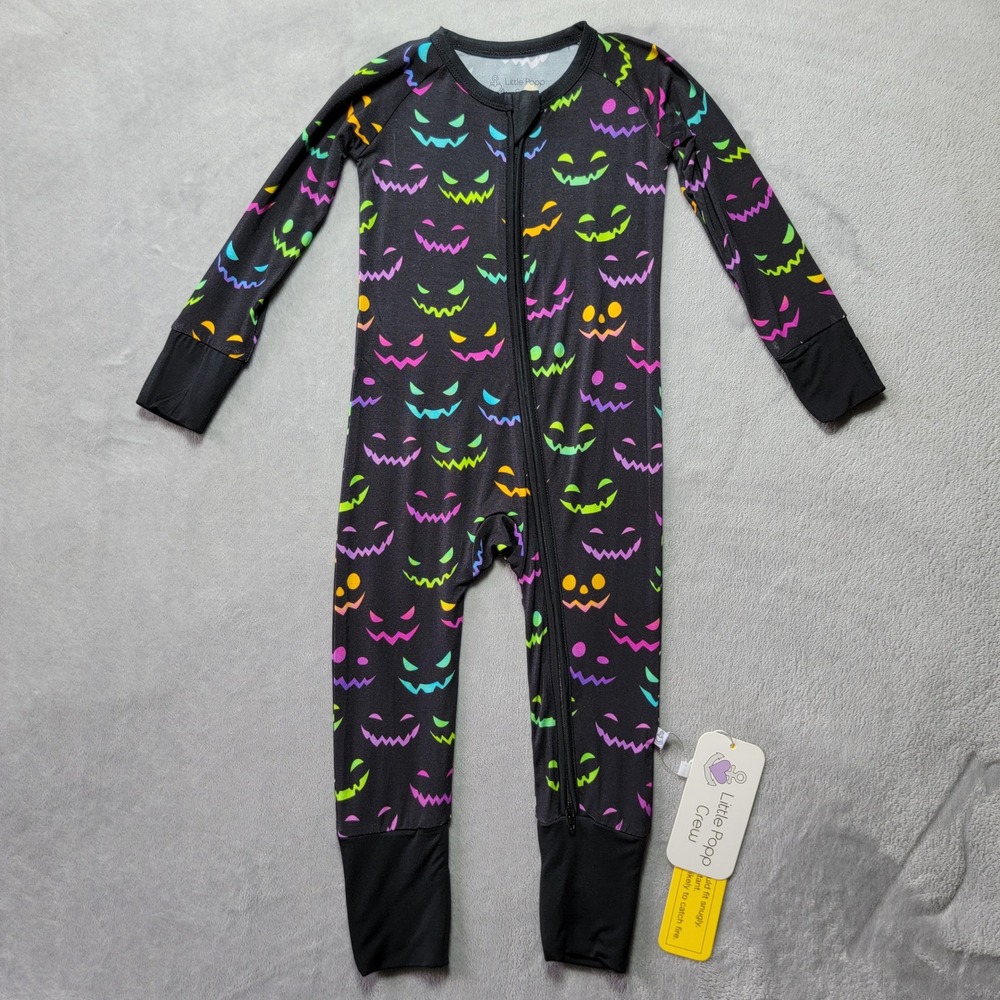 Little Popp Crew Halloween Bamboo Romper 6-12M Neon‎ Jack-o-Lantern Pajamas NEW